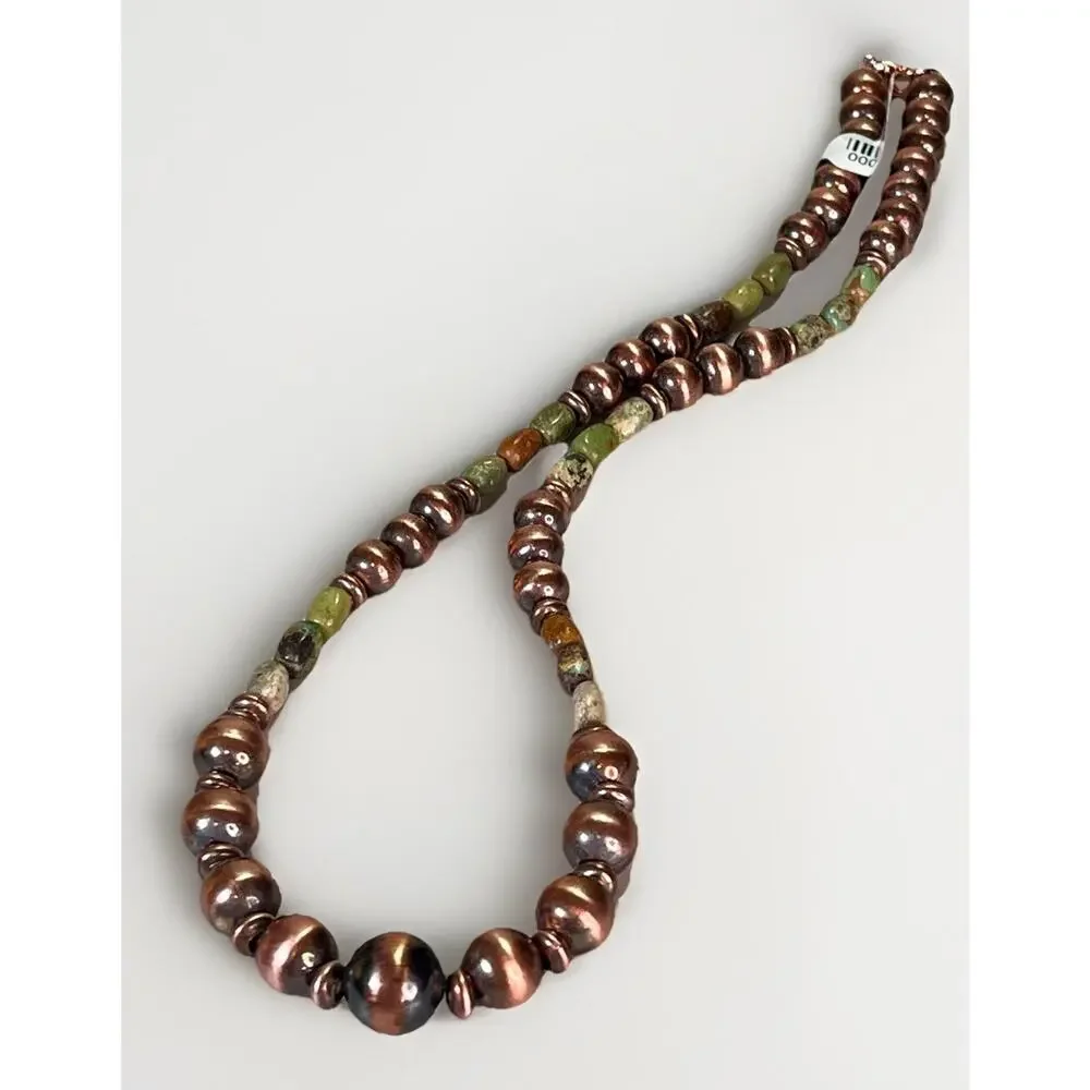 Royston Turquoise Oxidized Copper Desert Pearl 16” Southwestern Beaded Necklace - Picture 5 of 13
